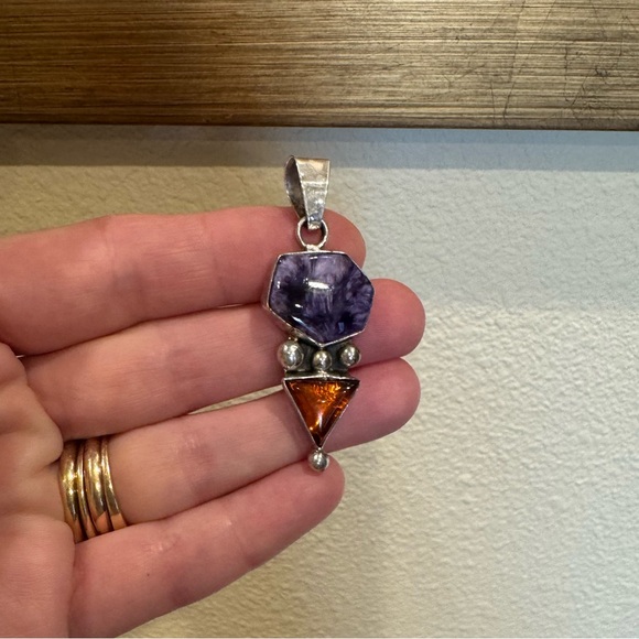 Vintage Navajo Artisan Thomas Francisco Sterling Silver Charoite Amber Pendant. - Picture 13 of 16